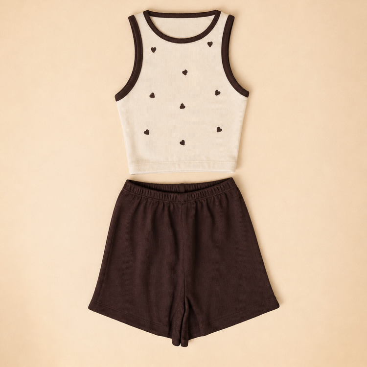 ست تاپ شلوارک زنانه مدل قلبی قهوه ایی