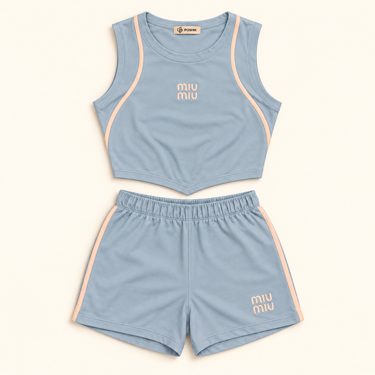 ست تاپ و شلوارک miumiu آبی روشن